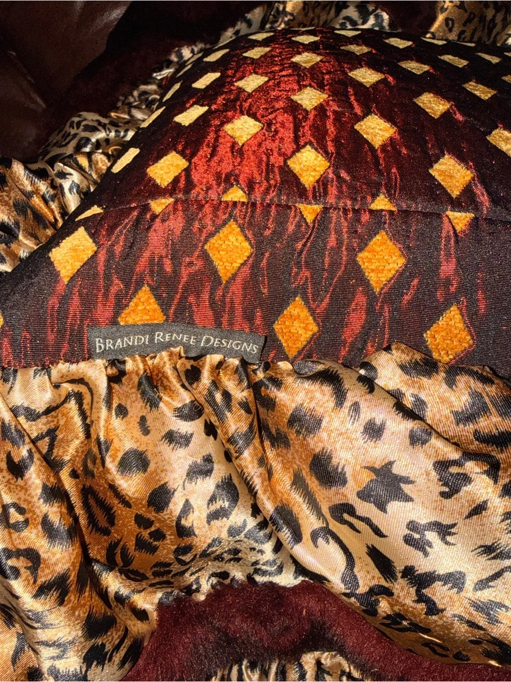 Burgundy Faux-Fur Ruffle Accent Pillow with Leopard Trim